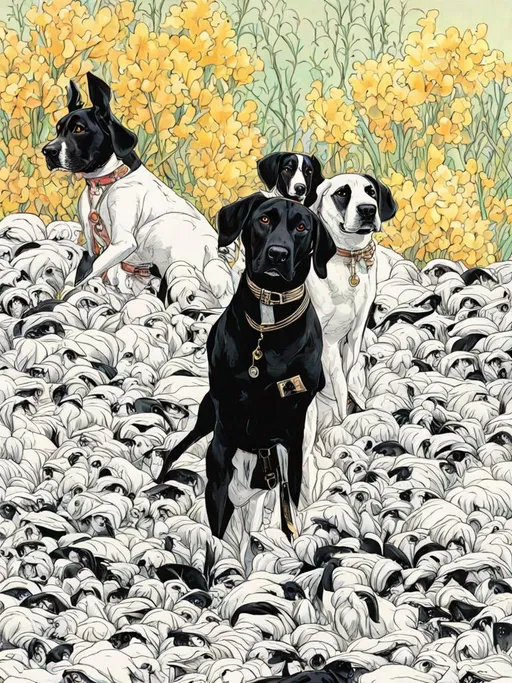 Prompt: black mountain cur dogs in yakuza outfit 90s poster