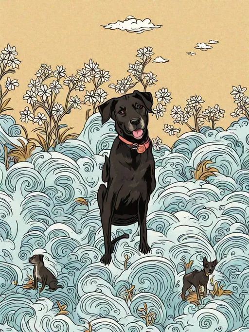 Prompt: black mountain cur dogs in hiroshige wave