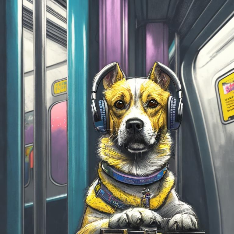 Prompt: pop art chalk pastel art of a detailed dog listening to music on the subway train in cyberpunk japan with planes in the background, sketch, detailed background, highres, fun atmosphere, natural lighting,  abstract, fun