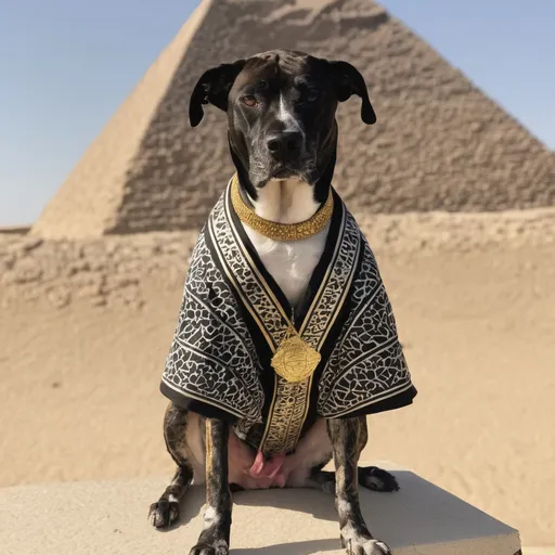 Prompt: black mountain cur dog dressed as yakuza in egypt