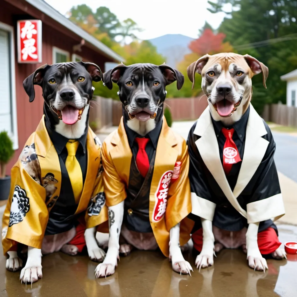 Prompt: black mountain cur dogs dressed like yakuza drinking soda