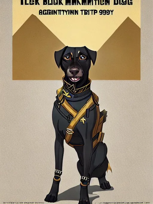 Prompt: black mountain cur dog in military gear in egypt 90s poster