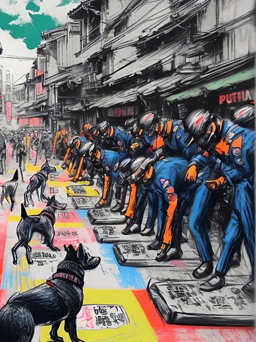 Prompt: pop art chalk pastel art of detailed dogs wearing pilot uniforms playing in the streets in japan during a festival, sketch, detailed background, highres, fun atmosphere, natural lighting,  abstract, fun