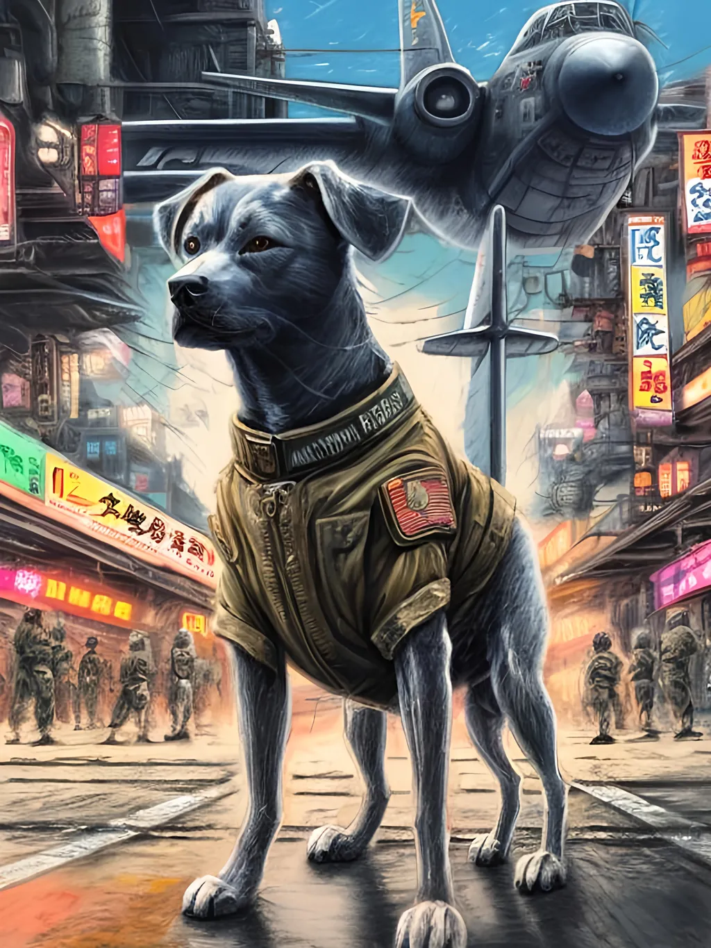 Prompt: chalk pastel art of a detailed dog wearing a military uniform on the streets in cyberpunk japan during a festival with planes in the background, sketch, detailed background, highres, fun atmosphere, natural lighting,  abstract, fun