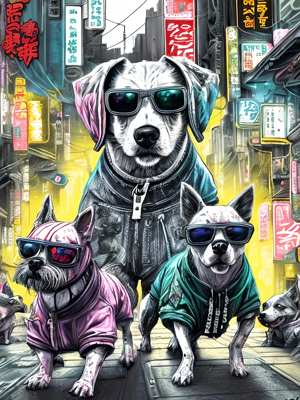 Prompt: pop art chalk pastel art of detailed dogs wearing gangster clothes playing in the streets in cyberpunk japan during a festival, sketch, detailed background, highres, fun atmosphere, natural lighting,  abstract, fun