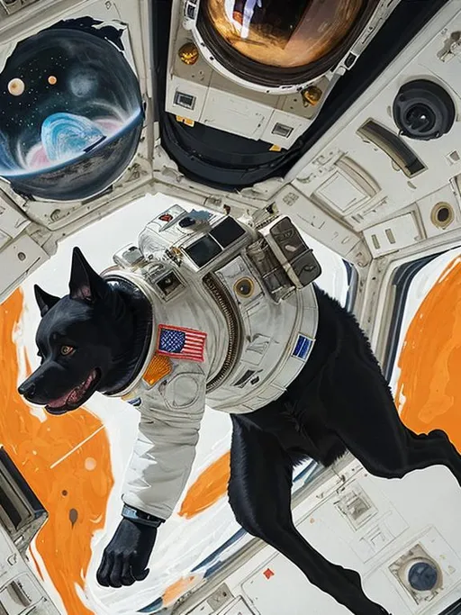 Prompt: abstract style art of black dogs in space in astronaut outfits