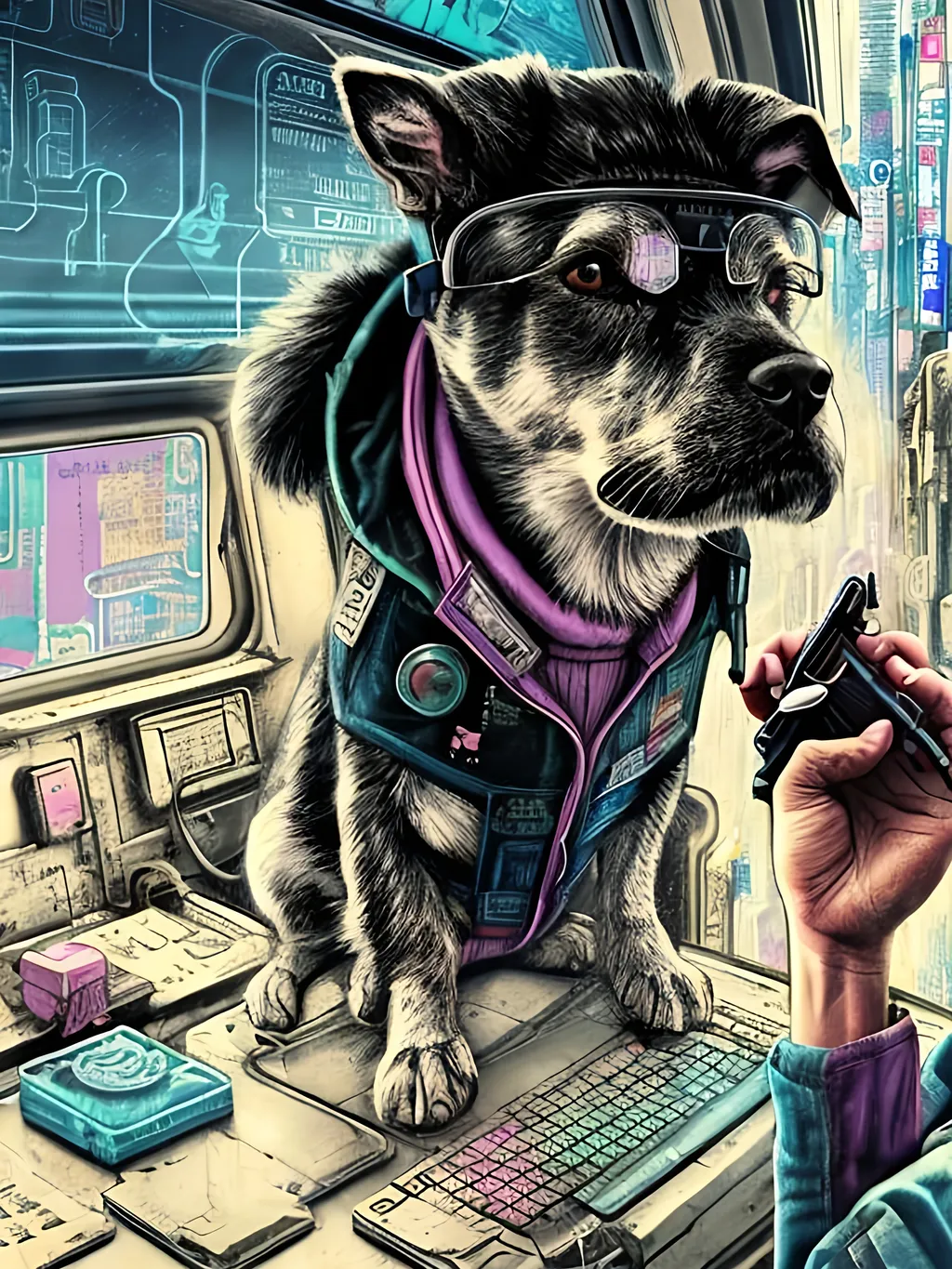 Prompt: pop art chalk pastel art of a detailed dog hacking a computer on the subway train in cyberpunk japan with planes in the background, sketch, detailed background, highres, fun atmosphere, natural lighting,  abstract, fun