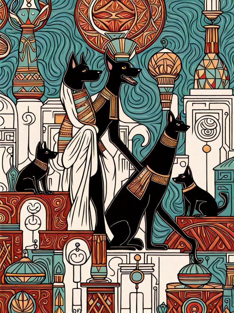 Prompt: black dog in egyptian clothing Art Nouveau style 