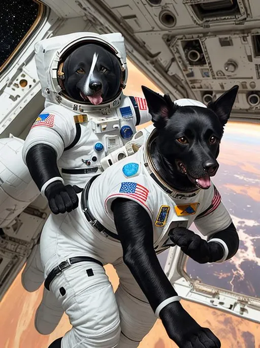 Prompt: abstract style art of black dogs in space in astronaut outfits