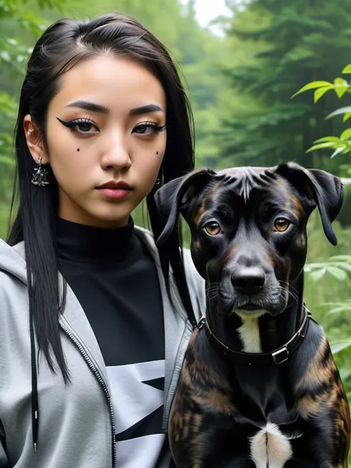 Prompt: mountain cur all black dog cyber punk ninja with half korean half redneck girl