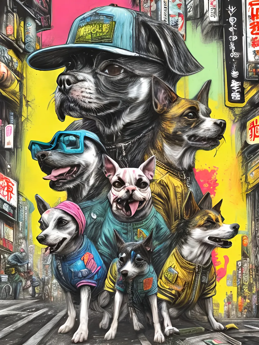 Prompt: pop art chalk pastel art of detailed dogs wearing gangster clothes playing in the streets in cyberpunk japan during a festival, sketch, detailed background, highres, fun atmosphere, natural lighting,  abstract, fun