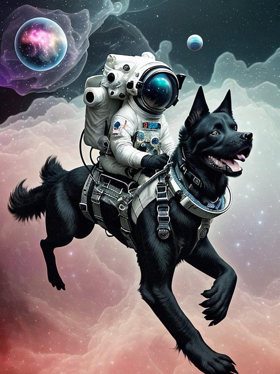 Prompt: Surrealism black dogs in cowboy outfits in space, abstract art style, eerie atmosphere, floating celestial bodies, mysterious nebulae, dreamlike, surreal, high contrast, otherworldly, abstract, space, astronaut, eerie atmosphere, celestial bodies, dreamlike, surreal, high contrast, mysterious, nebulae, dogs