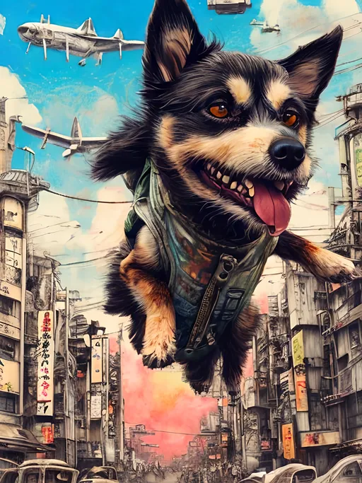 Prompt: Detailed happy dog flying in post-apocalyptic japan during a festival, sketch, chalk pastel, detailed planes in the background, grunge, highres, abstract, natural lighting, lively atmosphere, fun, detailed dogs, vibrant, happy-go-lucky