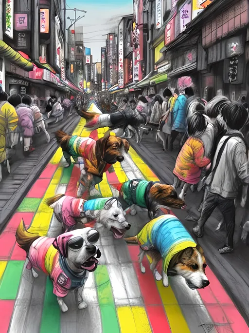 Prompt: pop art chalk pastel art of detailed dogs wearing clothes playing in the streets in japan during a festival, sketch, detailed background, highres, fun atmosphere, natural lighting,  abstract, fun