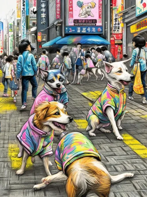 Prompt: pop art chalk pastel art of detailed dogs wearing clothes playing in the streets in japan during a festival, sketch, detailed background, highres, fun atmosphere, natural lighting,  abstract, fun