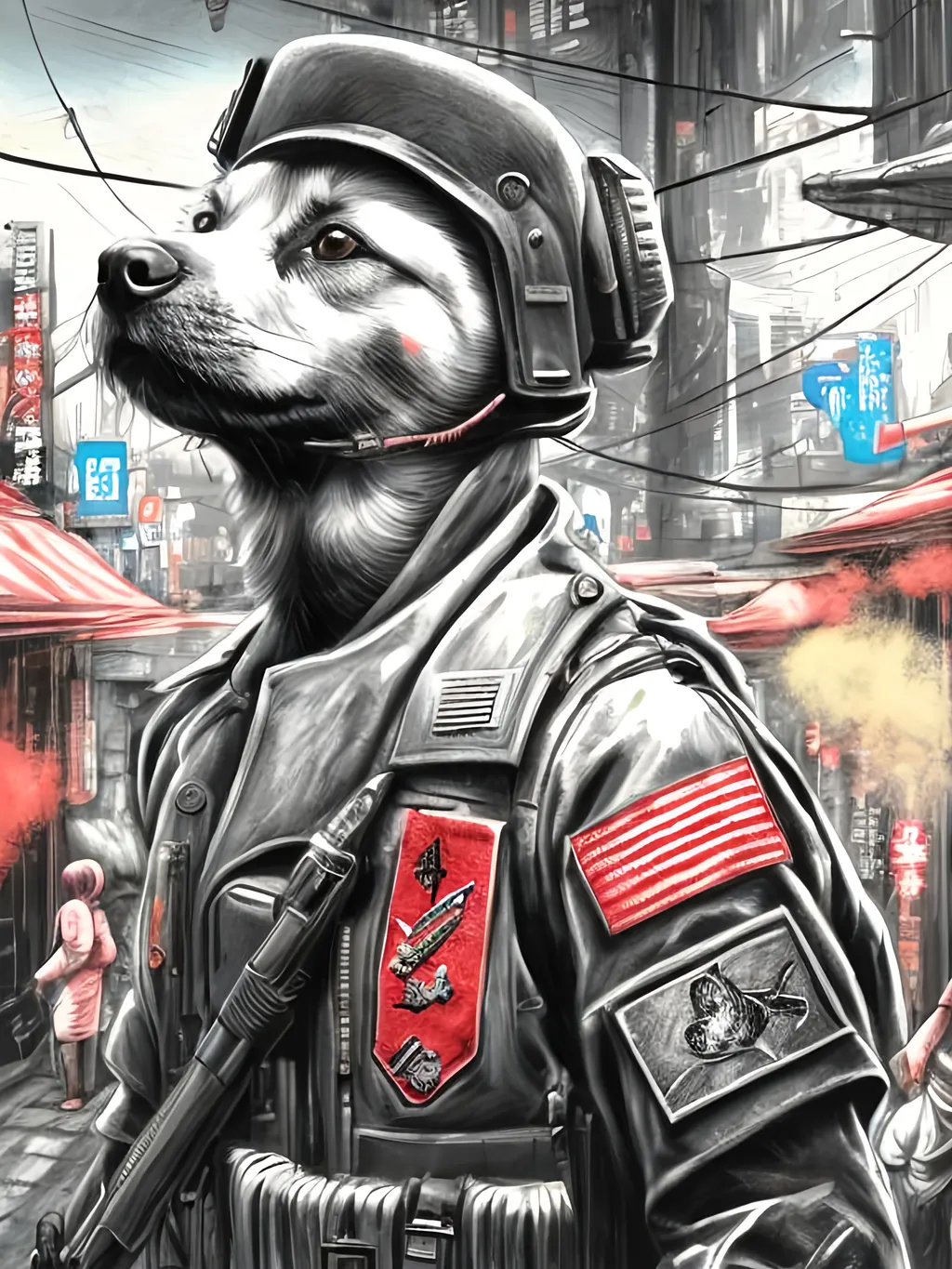 Prompt: pop art chalk pastel art of detailed dog wearing military uniforms<mymodel> playing in the streets in cyberpunk japan during a festival, sketch, detailed background, highres, fun atmosphere, natural lighting,  abstract, fun