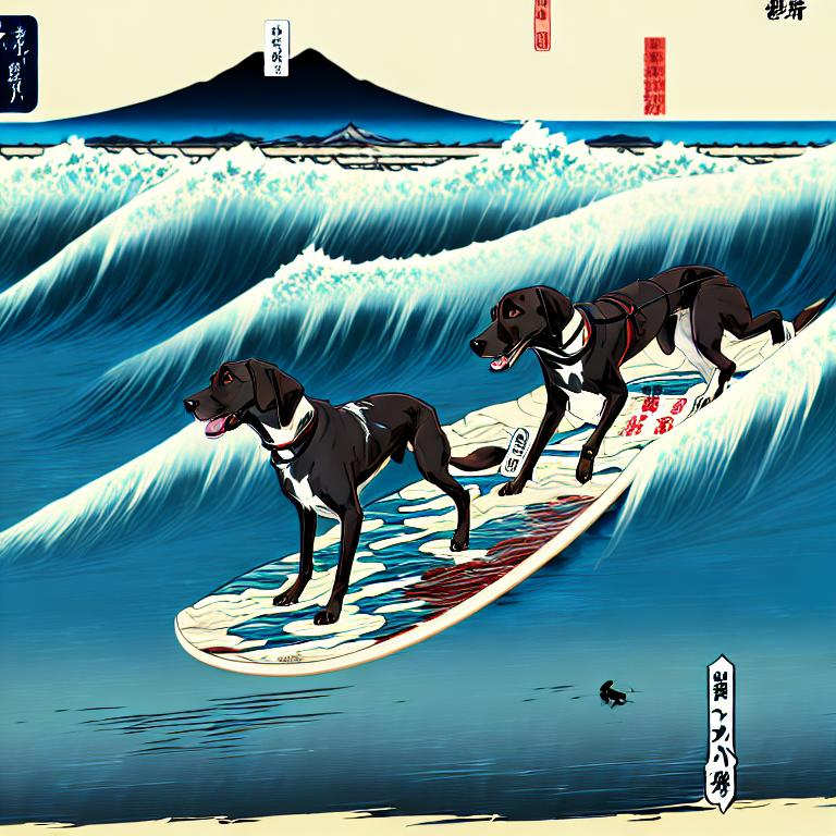 Prompt: black mountain cur dogs surfing in hiroshige wearing pro trump clothes