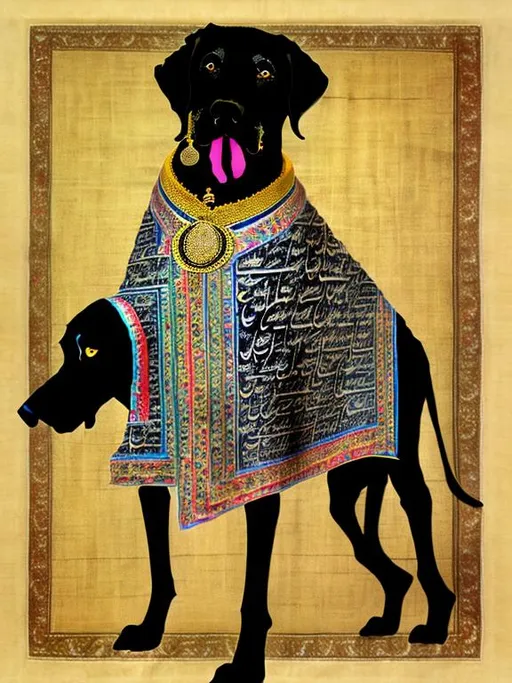 Prompt: black dog in persian clothing Dadaism style art