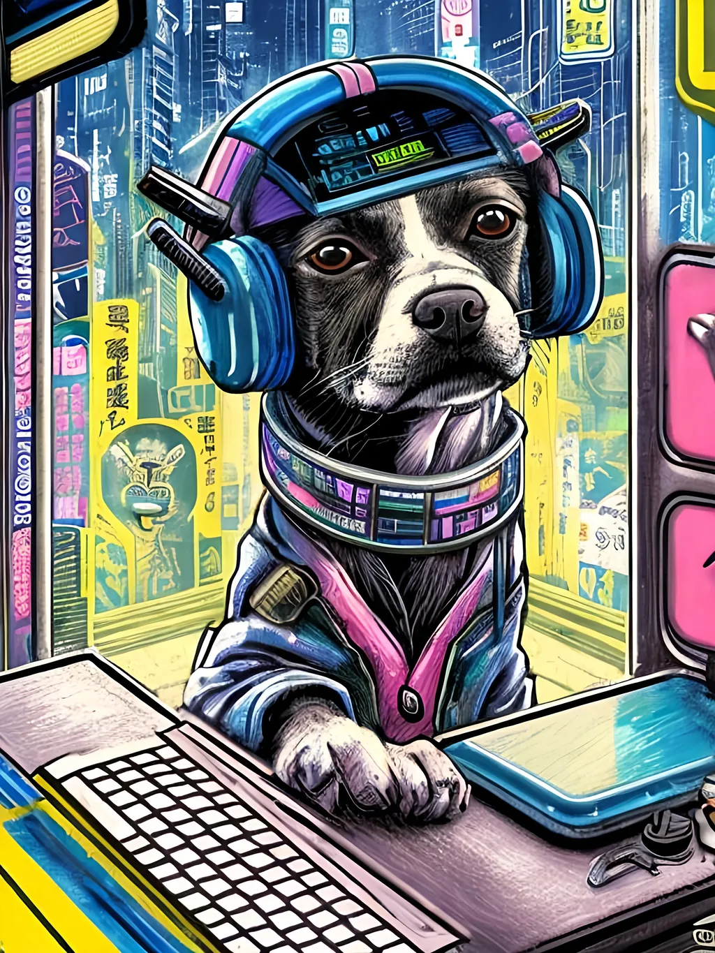 Prompt: pop art chalk pastel art of a detailed dog hacking a computer on the subway train in cyberpunk japan with planes in the background, sketch, detailed background, highres, fun atmosphere, natural lighting,  abstract, fun