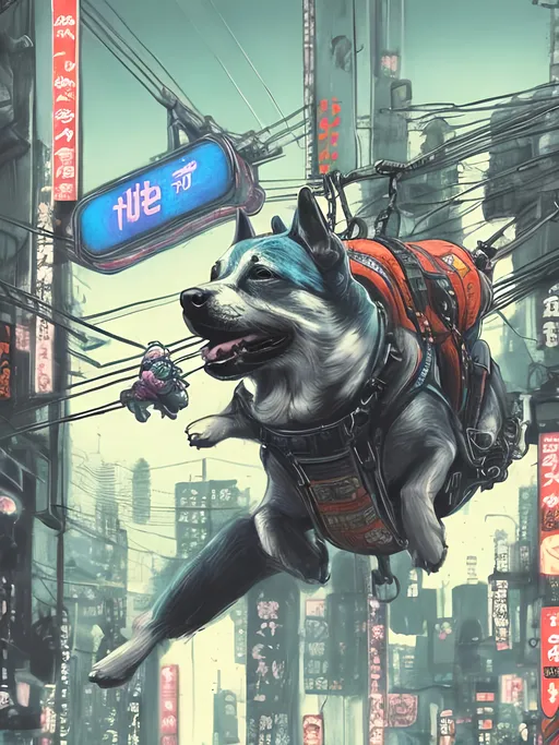 Prompt: chalk pastel style of a  detailed dog parachuting in cyberpunk japan, sketch, detailed background, highres, fun atmosphere, natural lighting,  abstract, fun