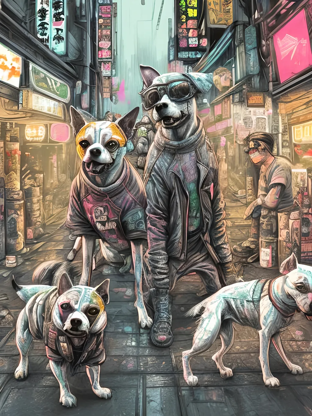 Prompt: pop art chalk pastel art of detailed dogs wearing gangster clothes playing in the streets in cyberpunk japan during a festival, sketch, detailed background, highres, fun atmosphere, natural lighting,  abstract, fun