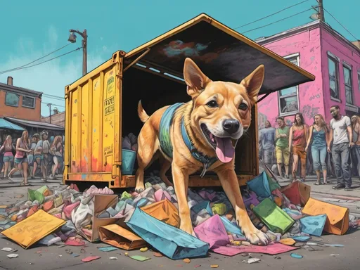 Prompt: Detailed happy dog dumpster diving during a festival, sketch, pop art chalk pastel, detailed post-apocalyptic city background, grunge, highres, abstract, natural lighting, lively atmosphere, fun, detailed dogs, colorful, chaotic, vibrant, happy-go-lucky