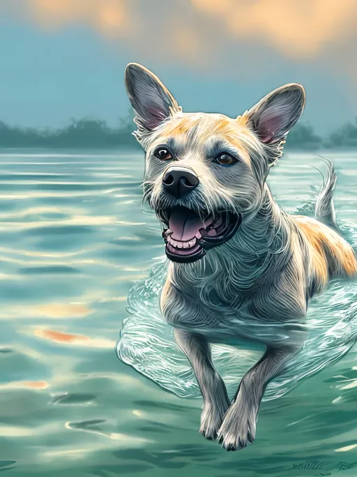 Prompt: chalk pastel style of a detailed dog swimming, sketch, detailed background, highres, fun atmosphere, natural lighting,  abstract, fun