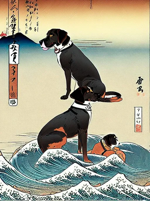 Prompt: black mountain cur dogs pooping in hiroshige wave 