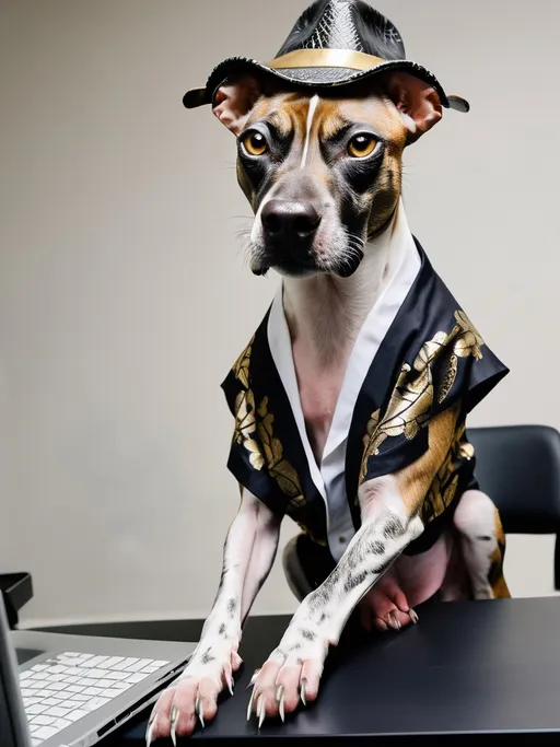 Prompt: all black mountain cur dog dressed as yakuza working on a laptop in an office hacking