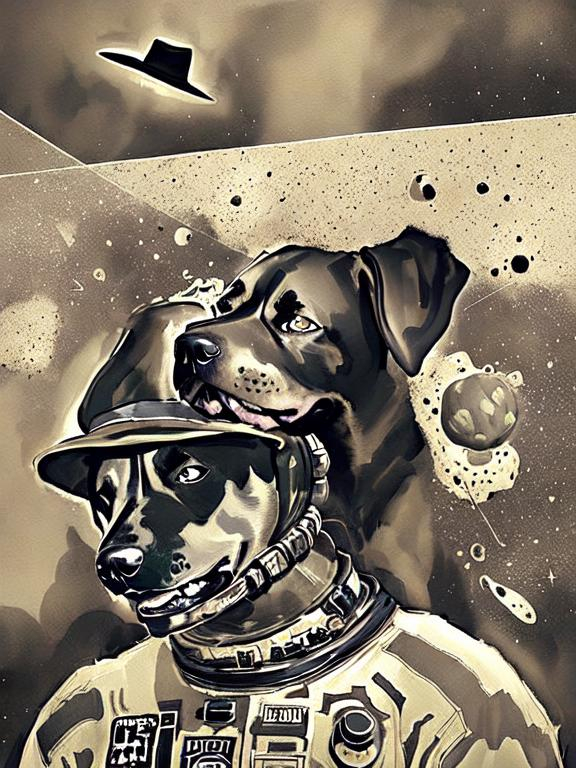 Prompt: Surrealism black dogs in cowboy outfits in space, abstract art style, cowboy hat, fun atmosphere, floating celestial bodies, mysterious nebulae, dreamlike, surreal, high contrast, otherworldly, abstract, space, astronaut, fun atmosphere, celestial bodies, dreamlike, surreal, high contrast, mysterious, nebulae, dogs, Pro trump clothing