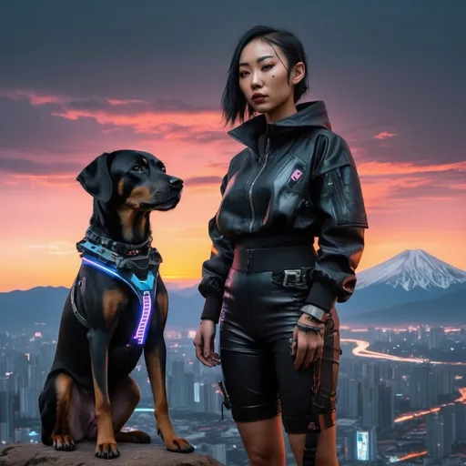 Prompt: sunset cyberpunk with mountain cur black dog and asian girl