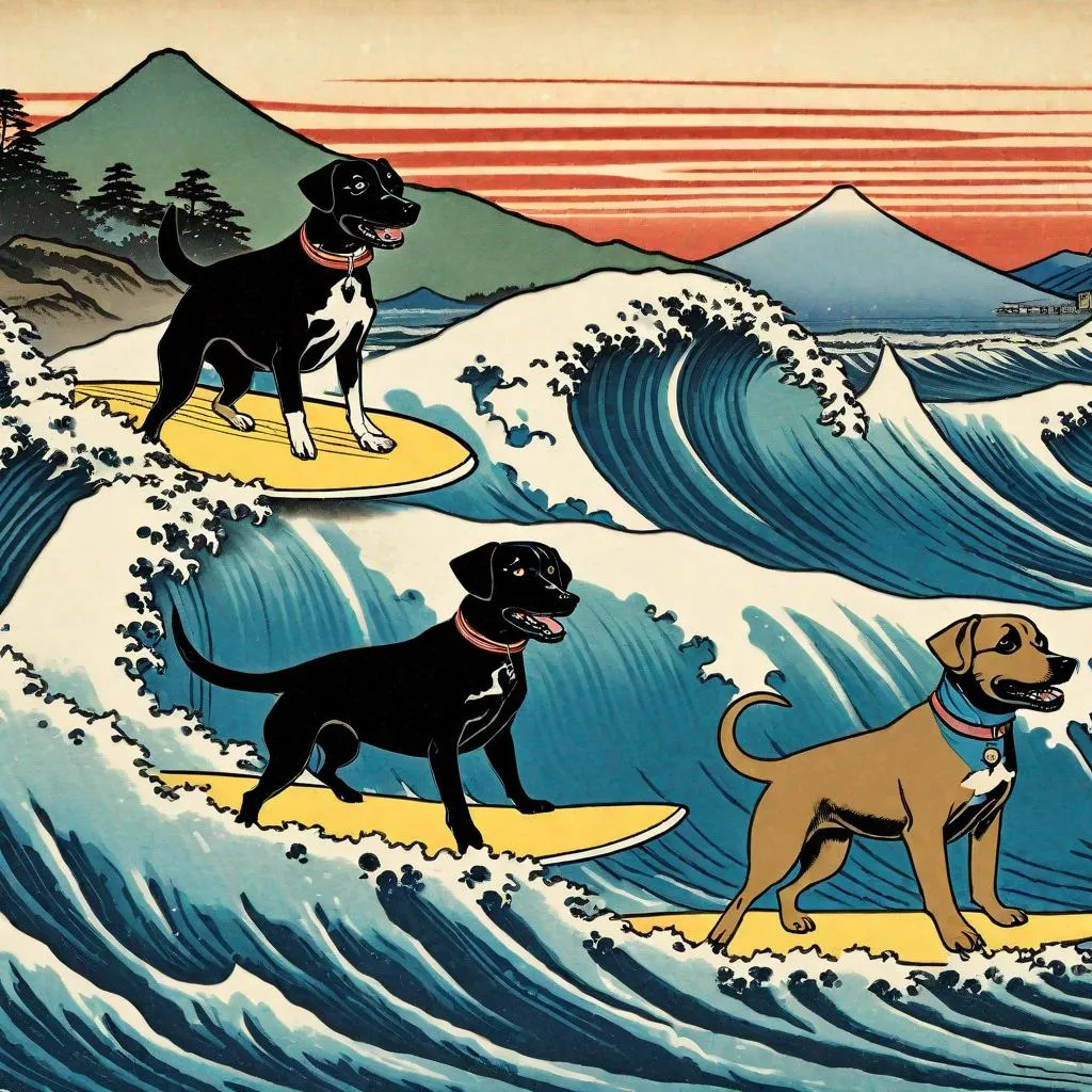 Prompt: black mountain cur dogs surfing in hiroshige wave 