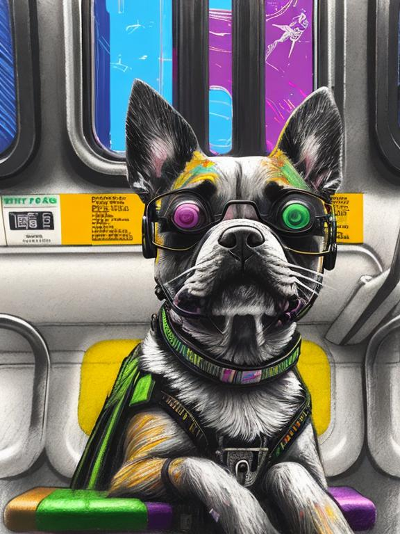 Prompt: pop art chalk pastel art of a detailed dog listening to music on the subway train in cyberpunk japan with planes in the background, sketch, detailed background, highres, fun atmosphere, natural lighting,  abstract, fun