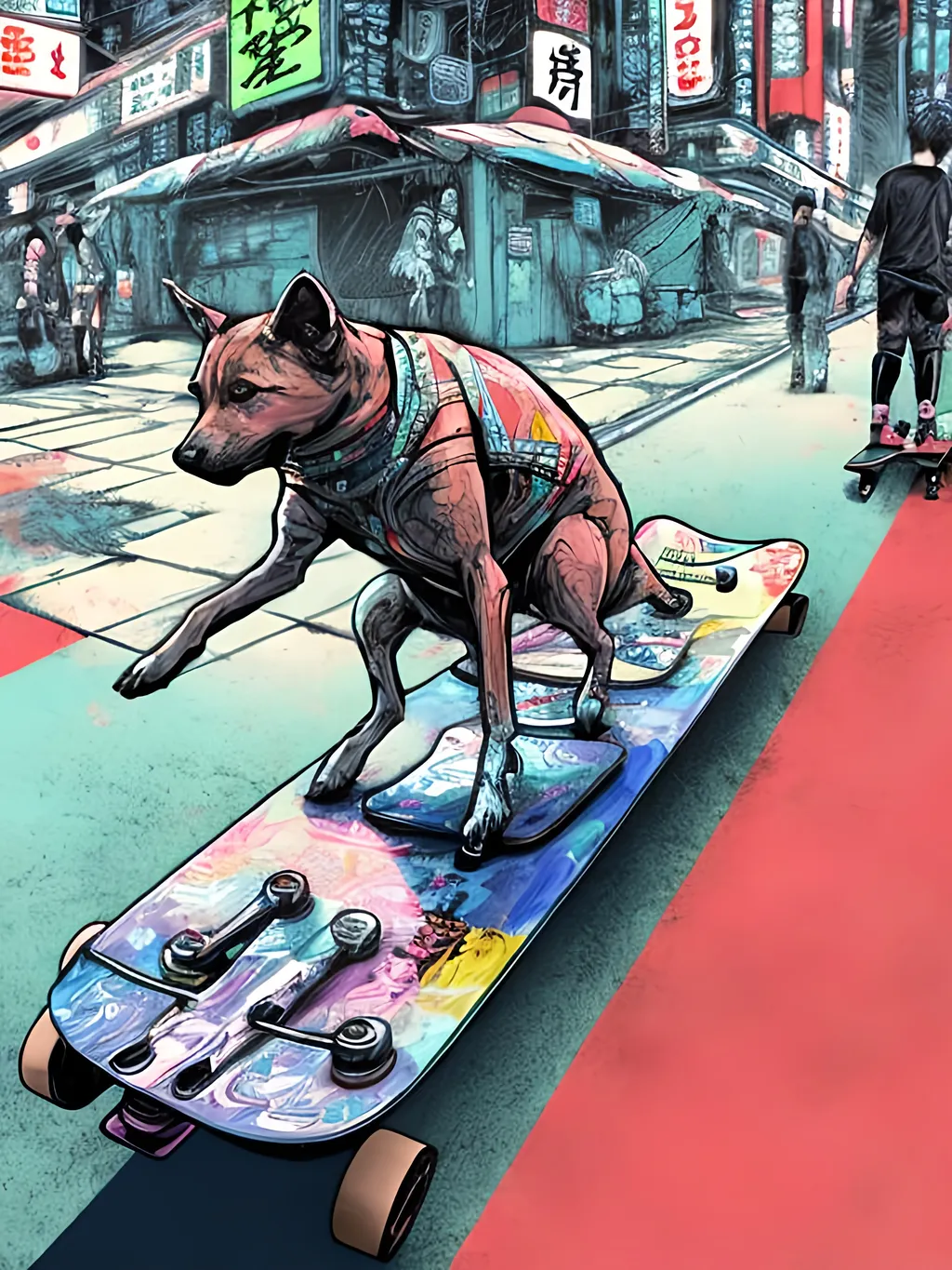 Prompt: pop art chalk pastel art of detailed dog skate boarding in cyberpunk japan during a festival, sketch, detailed background, highres, fun atmosphere, natural lighting,  abstract, fun