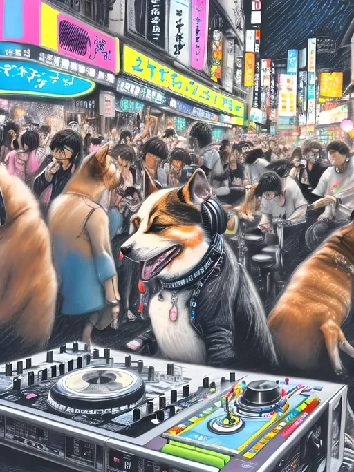 Prompt: chalk pastel art of detailed dog DJing in the streets in Japan during a festival, sketch, detailed background, highres, fun atmosphere, natural lighting,  abstract, fun