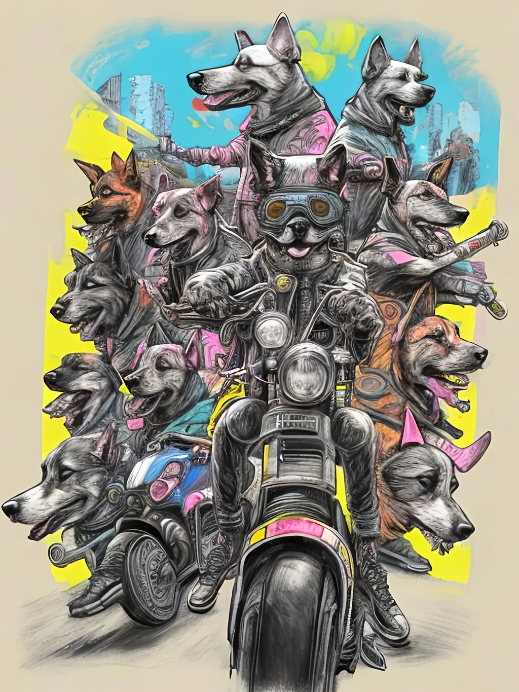 Prompt: pop art chalk pastel art of detailed dogs wearing biker gang clothes playing in the streets in cyberpunk japan during a festival, sketch, detailed background, highres, fun atmosphere, natural lighting,  abstract, fun