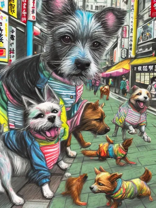 Prompt: pop art chalk pastel art of detailed dogs wearing clothes playing in the streets in japan during a festival, sketch, detailed background, highres, fun atmosphere, natural lighting,  abstract, fun