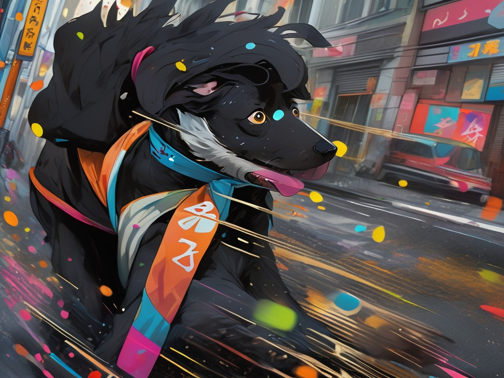 Prompt: black dog wearing ninja clothes having fun in the streets with a battle in the background, dogs, abstract art, Screen print, splash screen art, triadic colors, digital art, 8k resolution trending on Artstation, golden ratio, akira, symmetrical, rule of thirds, geometric bauhaus, Studio Ghibli, Anime Key Visual, by Makoto Shinkai, Deep Color, Intricate, 8k resolution concept art, Natural Lighting, Beautiful Composition