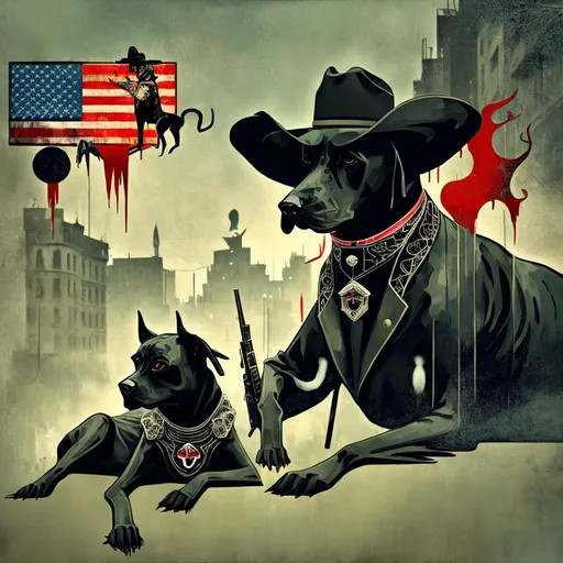 Prompt: Art Nouveau, surreal art of black dogs in patriotic gangster street outfits, cowboy hat, in a battle field, high contrast, dreamlike, otherworldly, fun atmosphere, mysterious, professional art, abstract, vibrant colors, atmospheric lighting, USA, surreal style, vibrant, high-quality