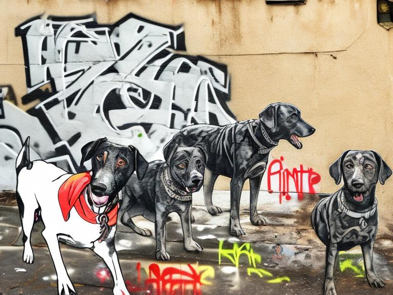 Prompt: mountain cur black dogs in gangster clothing graffiti