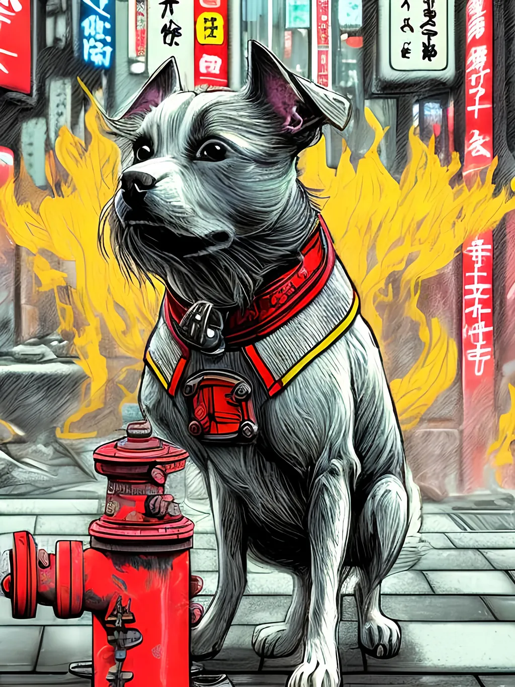 Prompt: pop art chalk pastel art of detailed dog taking a piss on a fire hydrant in cyberpunk japan during a festival, sketch, detailed background, highres, fun atmosphere, natural lighting,  abstract, fun