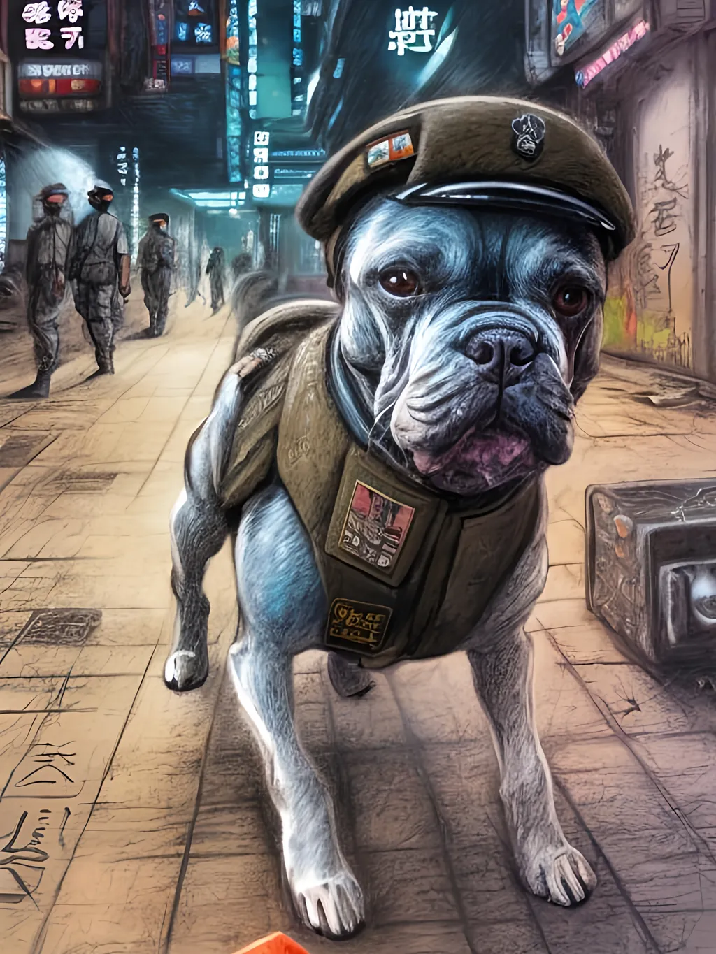 Prompt: chalk pastel art of a detailed dogs in military uniforms on the streets in cyberpunk japan during a festival, sketch, detailed background, highres, fun atmosphere, natural lighting,  abstract, fun