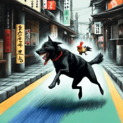 Prompt: chalk pastel art of a black dog wearing clothes chasing a chicken in the streets in japan, sketch, detailed background, highres, fun atmosphere, natural lighting, pastel colors, abstract, fun