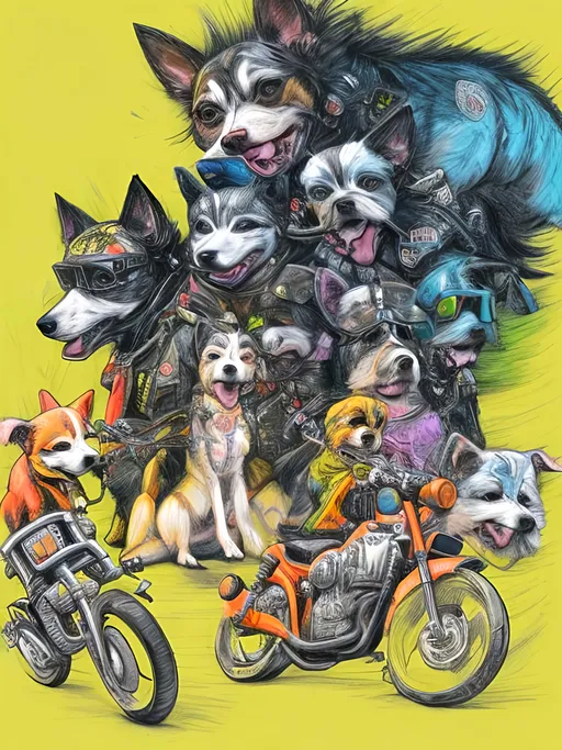 Prompt: pop art chalk pastel art of detailed dogs wearing biker gang clothes playing in the streets in cyberpunk japan during a festival, sketch, detailed background, highres, fun atmosphere, natural lighting,  abstract, fun