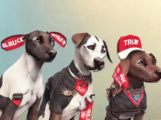 Prompt: black mountain cur dogs dressed in clothes as pro trump supporters