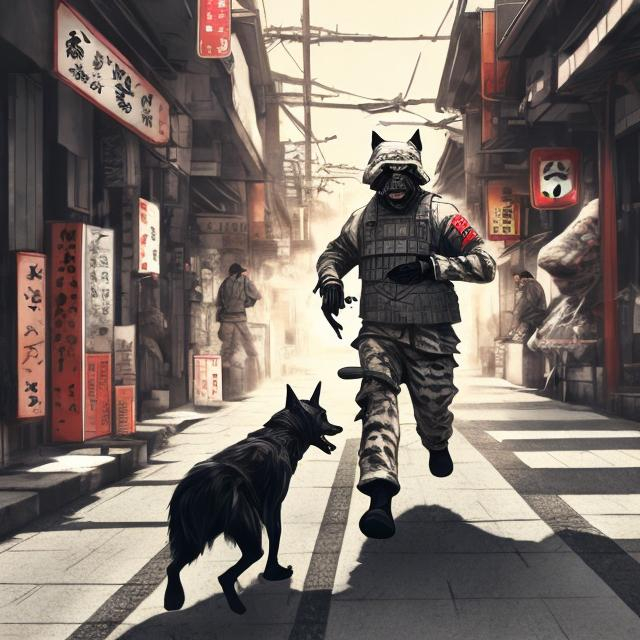 Prompt: art of a black dog wearing soldier clothes chasing a chicken in the streets in japan, sketch, detailed background, highres, fun atmosphere, natural lighting, pastel colors, abstract, fun