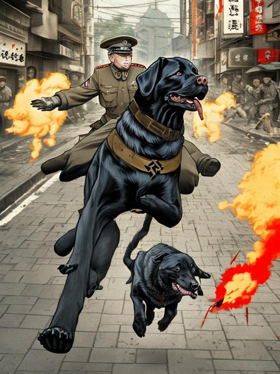 Prompt: a black dog wearing a nazi uniform chasing a chicken in the streets in japan, sketch, detailed background, highres, fun atmosphere, natural lighting, pastel colors, abstract, fun