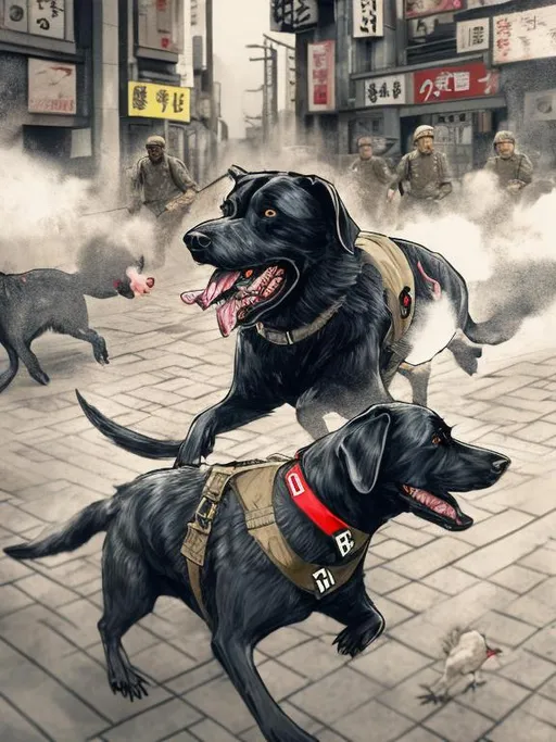 Prompt: a black dog wearing a nazi uniform chasing a chicken in the streets in japan, sketch, detailed background, highres, fun atmosphere, natural lighting, pastel colors, abstract, fun