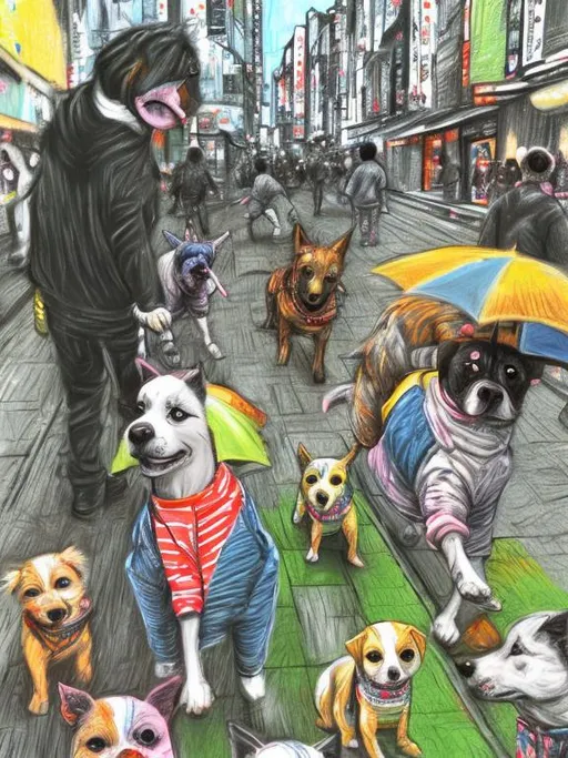 Prompt: pop art chalk pastel art of detailed dogs wearing clothes playing in the streets in japan during a festival, sketch, detailed background, highres, fun atmosphere, natural lighting,  abstract, fun