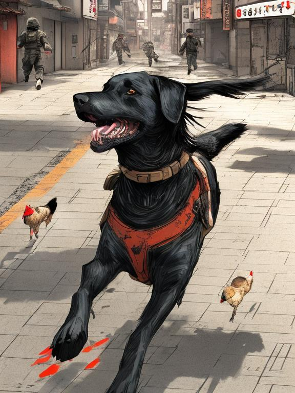 Prompt: a black dog wearing soldier clothes chasing a chicken in the streets in japan, sketch, detailed background, highres, fun atmosphere, natural lighting, pastel colors, abstract, fun